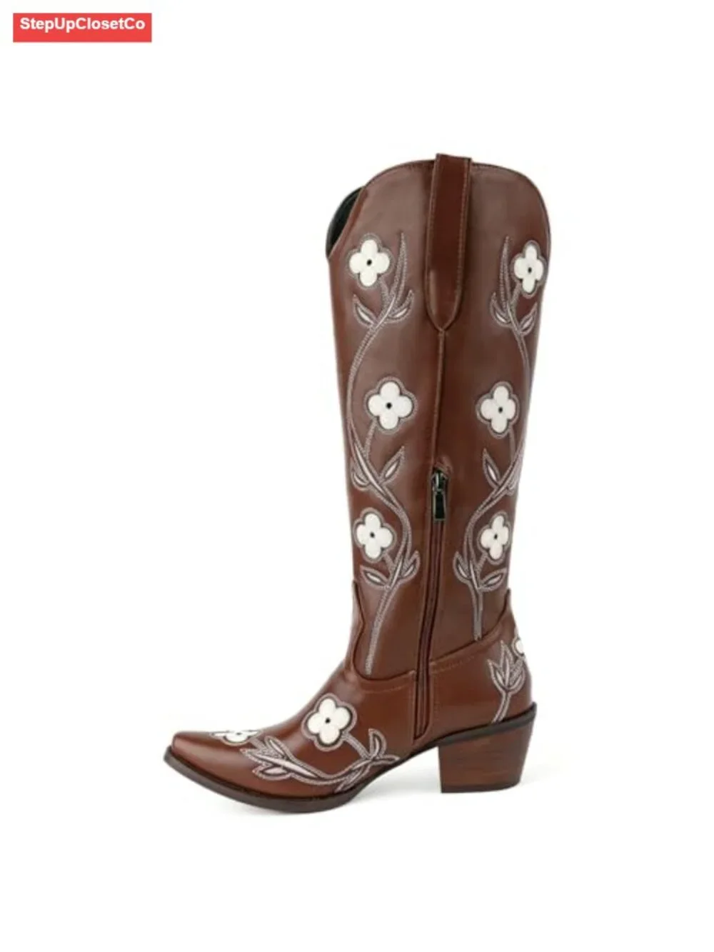 Women's Knee High Cowboy Boots Floral Embroidery Chunky Heel